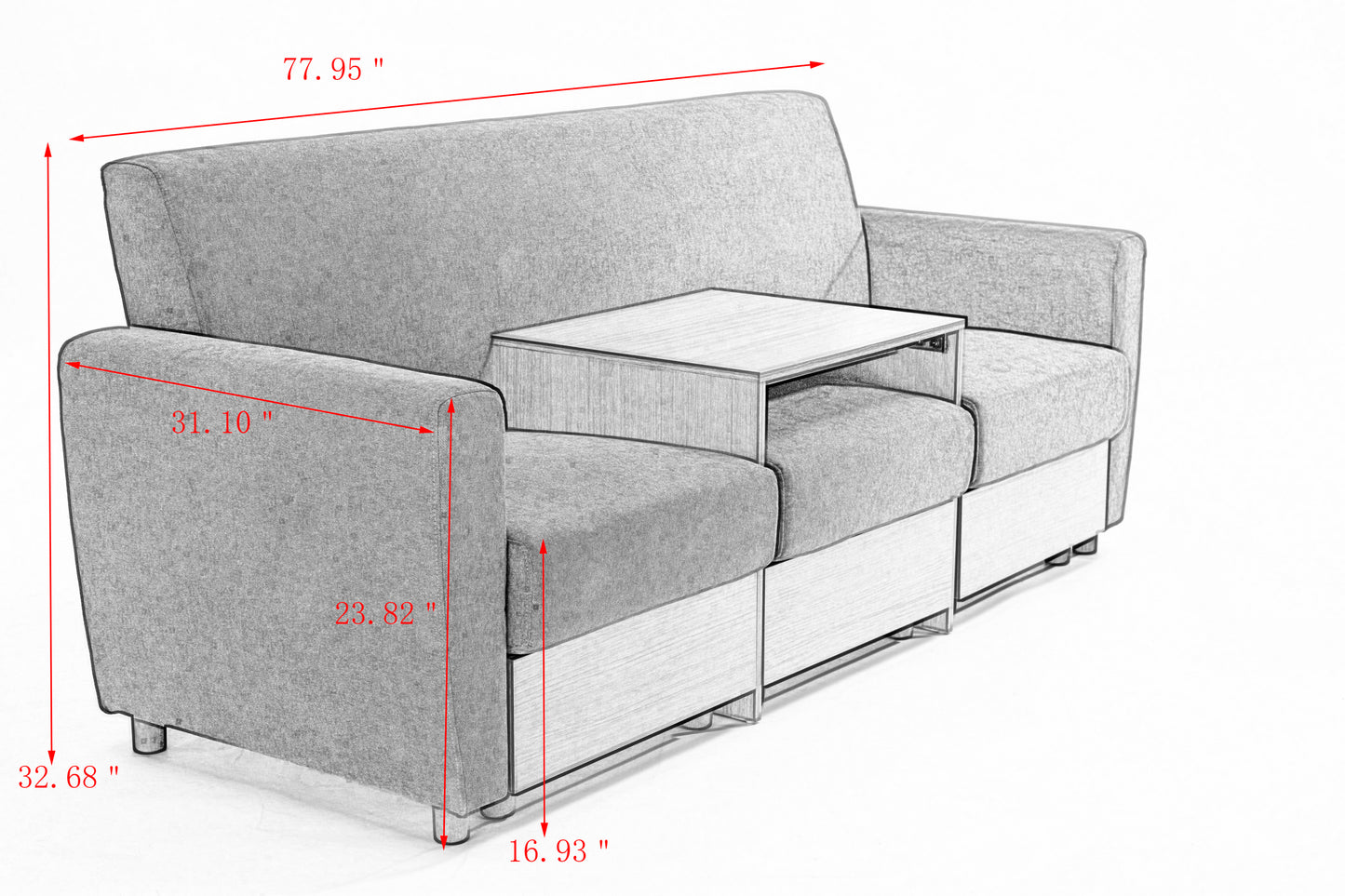 double armrests with coffee table and drawers 77.9" gray chenille living room apartment studio sofa