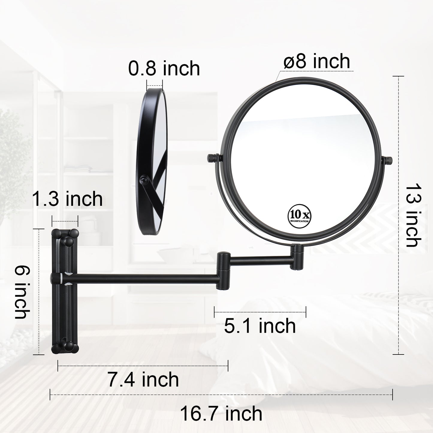 8-inch Wall Mounted Makeup Vanity Mirror, Height Adjustable, 1X / 10X Magnification Mirror, 360 degree Swivel with Extension Arm (Black)