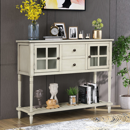 Sideboard Console Table with Bottom Shelf, Farmhouse Wood/Glass Buffet Storage Cabinet Living Room (Antique Grey)