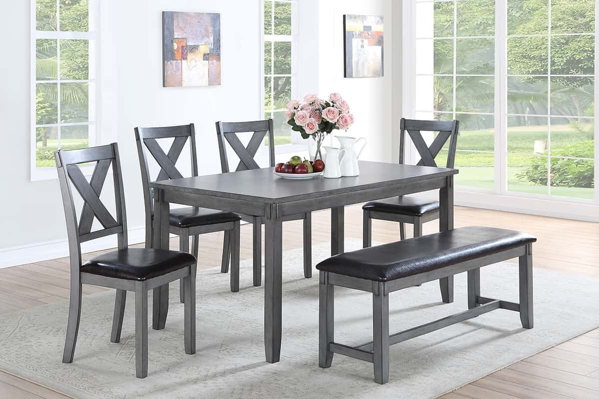 Dining Room Furniture Casual Modern 6pc Set Dining Table 4x Side Chairs and A Bench Rubberwood and Birch veneers Gray Finish