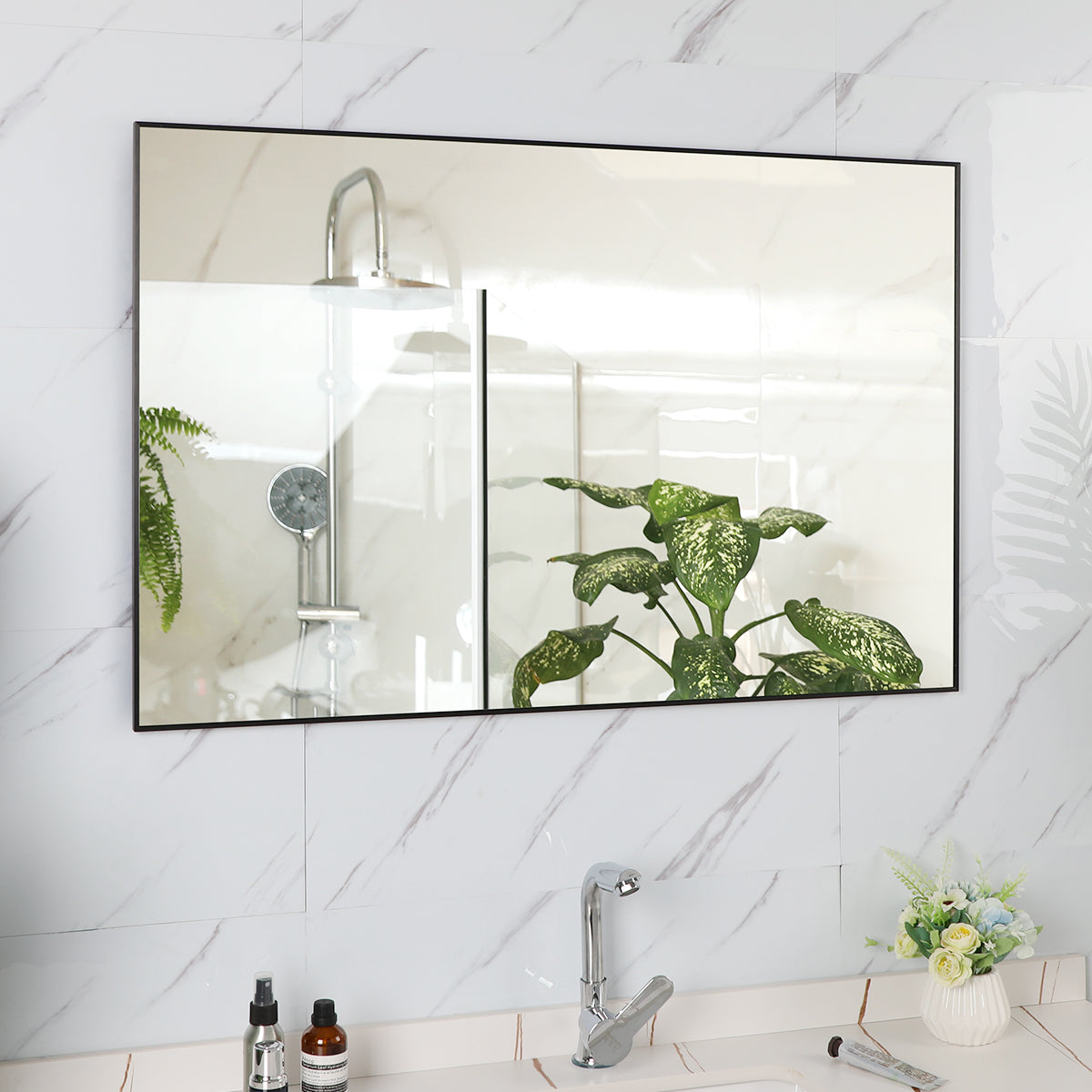 36x24 inches Modern Black Bathroom Mirror with Aluminum Frame Vertical or Horizontal Hanging Decorative Wall Mirrors for Living Room Bedroom