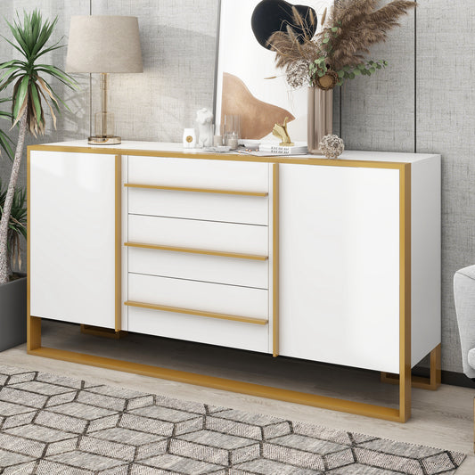 Modern Style 59" L Sideboard with Large Storage Space and Gold Metal Legs for Living Room and Entryway (White)