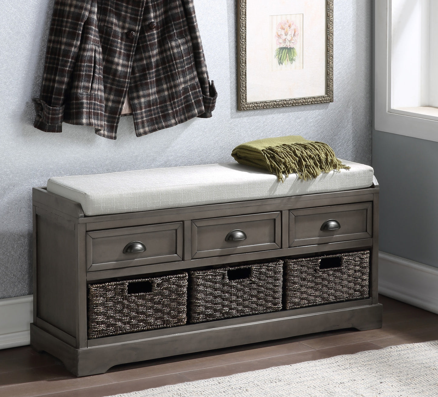 Homes Collection Wood Storage Bench with 3 Drawers and 3 Baskets