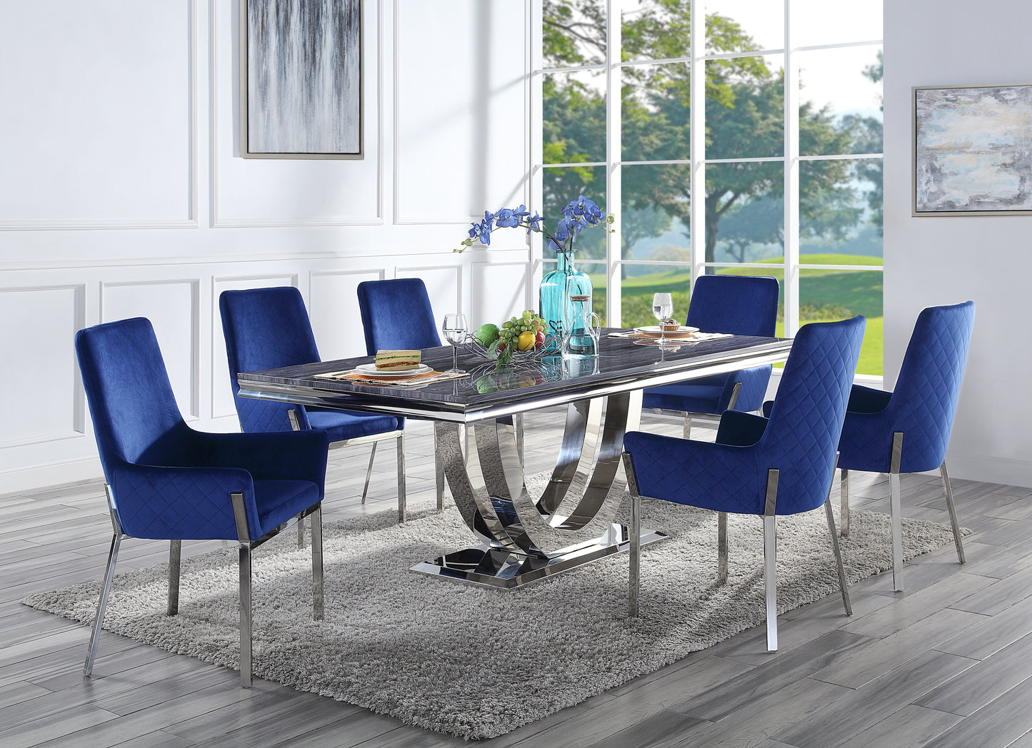 Cambrie Dining Table in Faux Marble & Mirrored Silver Finish