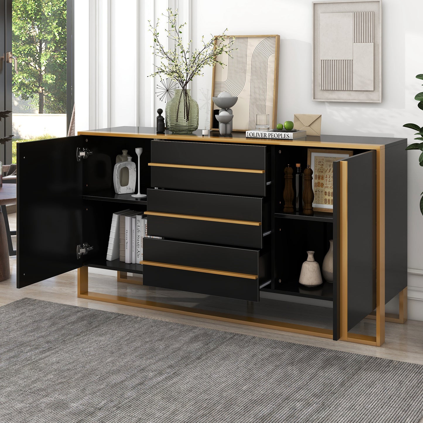 Modern Style 59" L Sideboard with Large Storage Space and Gold Metal Legs for Living Room and Entryway (Black)