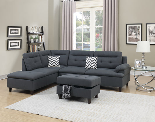 Living Room Furniture Charcoal Cushion Sectional w Ottoman Linen Like Fabric Sofa Chaise
