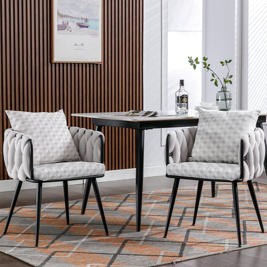 Beige Modern Velvet Dining Chairs Set of 2 Hand Weaving Accent Chairs Living Room Chairs Upholstered Side Chair with Black Metal Legs for Dining Room Kitchen Vanity Living Room