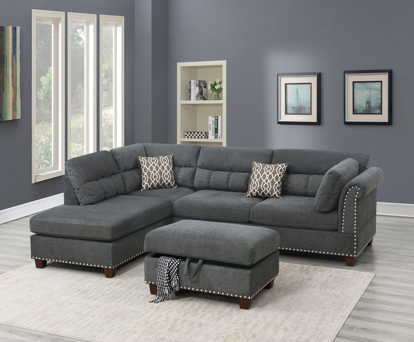 Sectional sofa Slate Color Velvet Fabric Reversible Chaise Sofa Sectional w Pillows Cocktail Storage Ottoman 3pc Set
