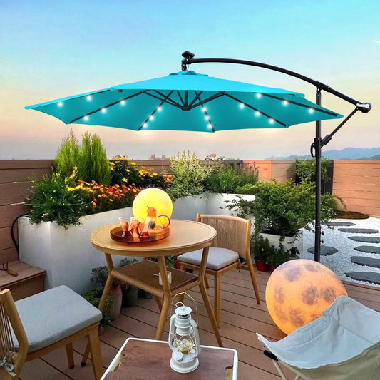 10 ft Outdoor Patio Umbrella Solar Powered LED Lighted Sun Shade Market Waterproof 8 Ribs Umbrella with Crank and Cross Base for Garden Deck Backyard Pool Shade Outside Deck Swimming Pool