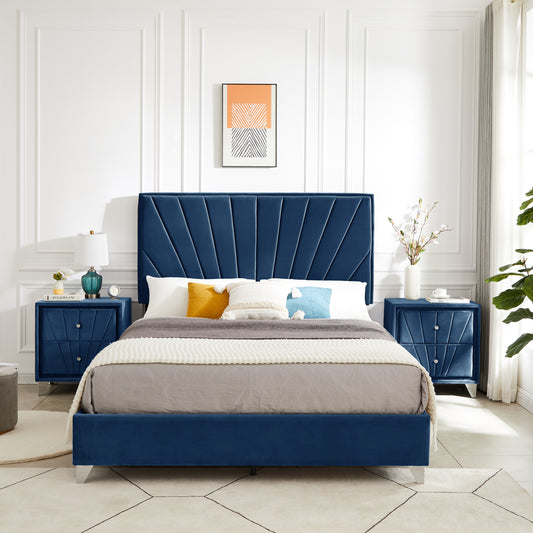 Full bed with two nightstands, Beautiful line stripe cushion headboard, strong wooden slats + metal legs with Electroplate