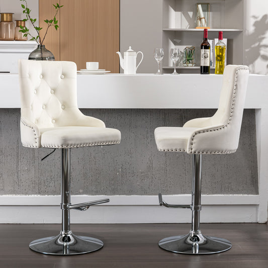 Swivel Velvet Barstools Adjusatble Seat Height, Modern Upholstered Bar Stools with Backs Comfortable Tufted for Home Pub and Kitchen Island (Cream, Set of 2)