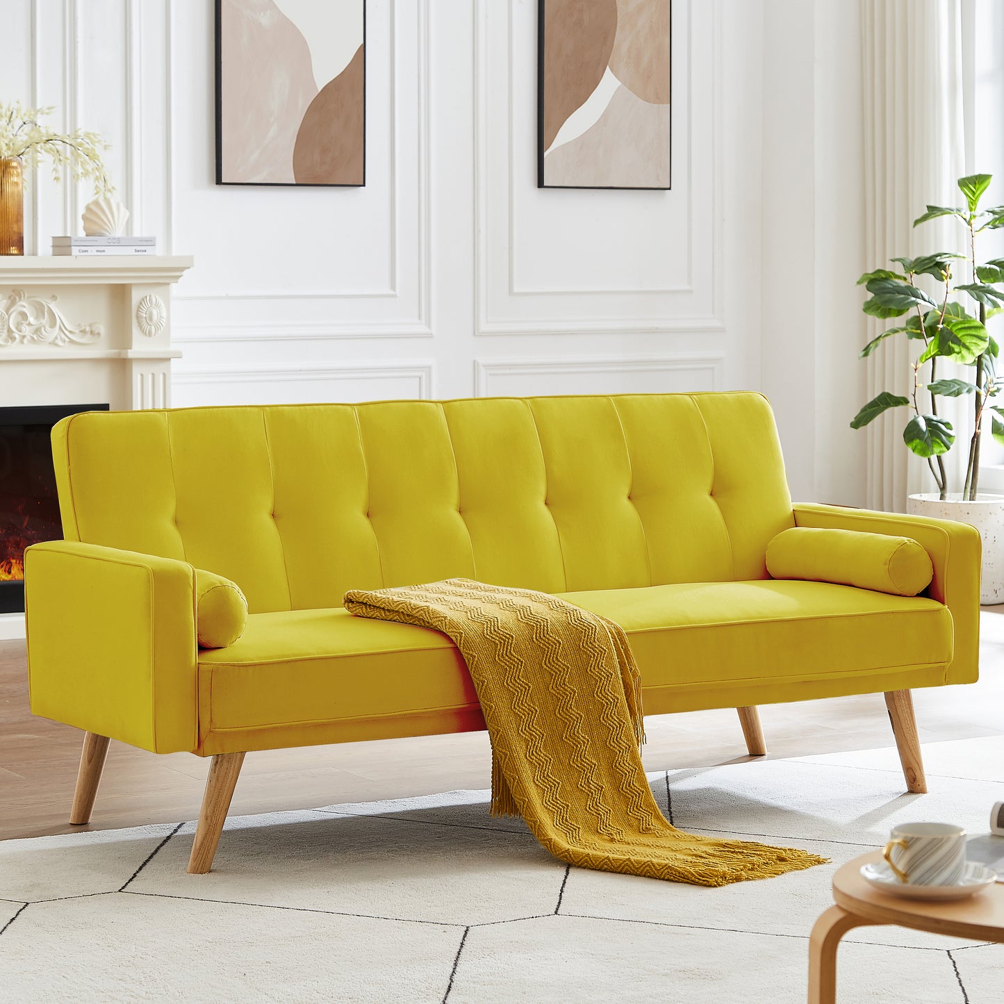 Mid-Century Yellow Linen Fabric Chesterfield Sofa Couch, Modern Love Seats Sofa Furniture, Upholstered Button Tufted Couch with 2 Bolster Pillows for Living Room Apartment