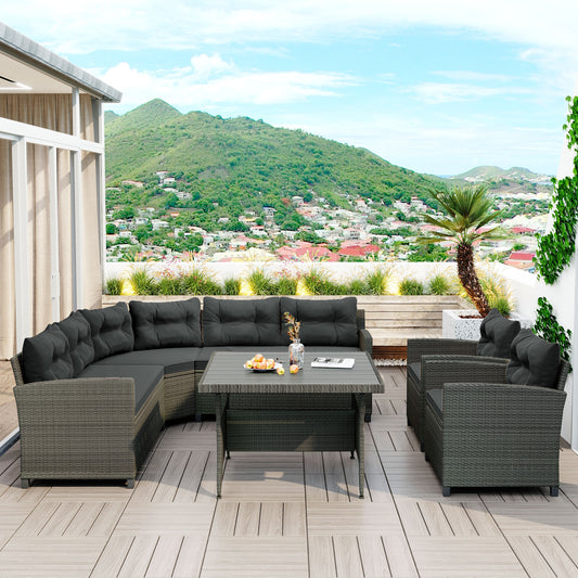 6-Piece Outdoor Wicker Sofa Set, Patio Rattan Dining Set, Sectional Sofa with Thick Cushions and Pillows, Plywood Table Top, For Garden, Yard, Deck. (Gray Wicker, Gray Cushion)