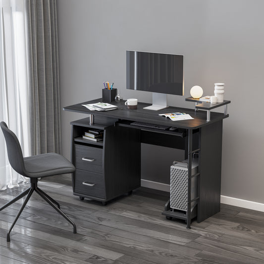 solid wood computer Desk, office table with PC droller, storage shelves and file cabinet, two drawers, CPU tray, a shelf used for planting, single, black. 47.24" L 21.65" W 34.35" H