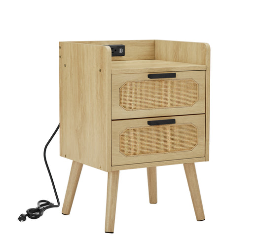 Rattan nightstand with socket side table natural handmade rattan (Natural 15.55" FanÂWx13.78" FanÂDx23.82" FanÂH)