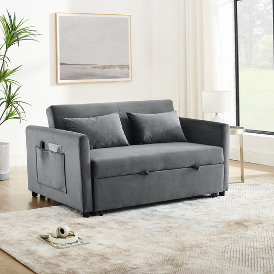 Convertible Sofa Bed, 3-in-1 Versatile Velvet Double Sofa with Pullout Bed, Seat with Adjustable Backrest, Lumbar Pillows, and Living Room Side Pockets, 54 Inch, Grey