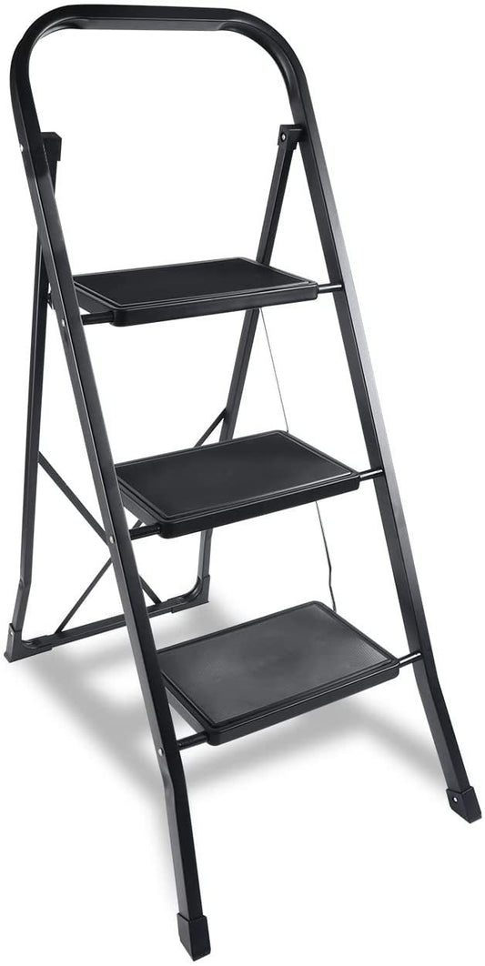 3 Step Ladder, Folding Step Stool with Wide Anti-Slip Pedal, 330 lbs Sturdy Steel Ladder, Convenient Handgrip, Lightweight, Portable Steel Step Stool, Black (HILADDFOLD3B)