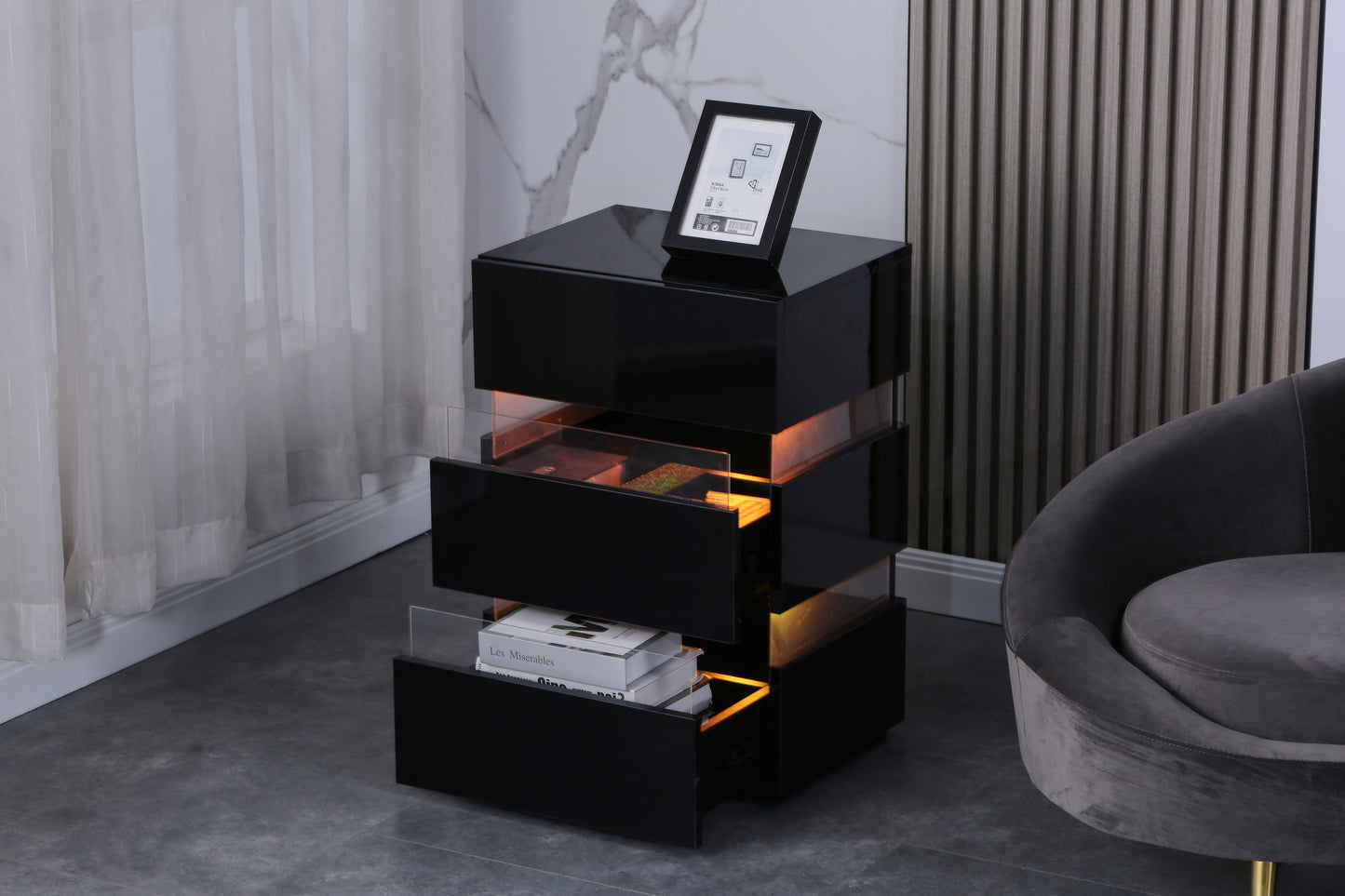 High Gloss LED Side Table, Modern Nightstands with 3 Drawer for Bedroom, Living Room, Black