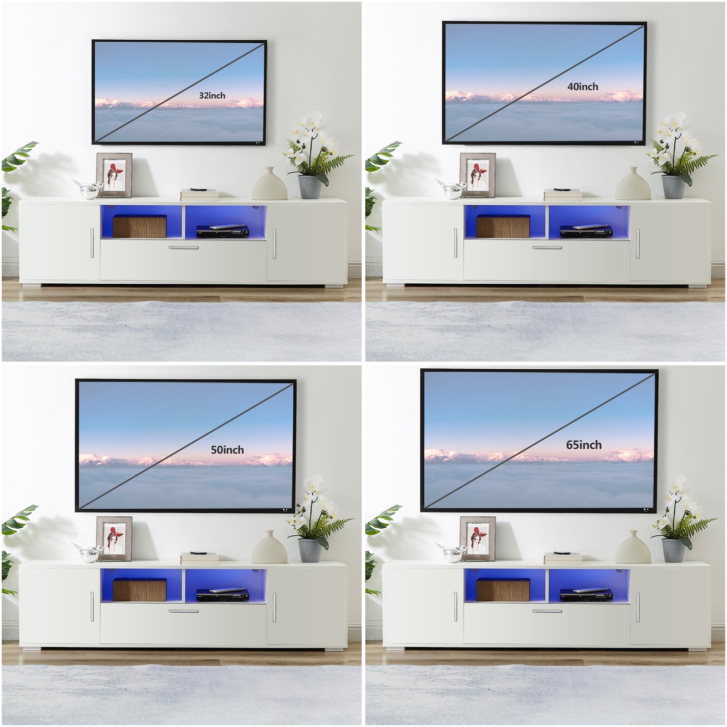 QUICK ASSEMBLE WHITE modern TV Stand, only 20 minutes to finish assemble, with LED Lights, high glossy front TV Cabinet, can be assembled in Lounge Room, Living Room or Bedroom, color:WHITE