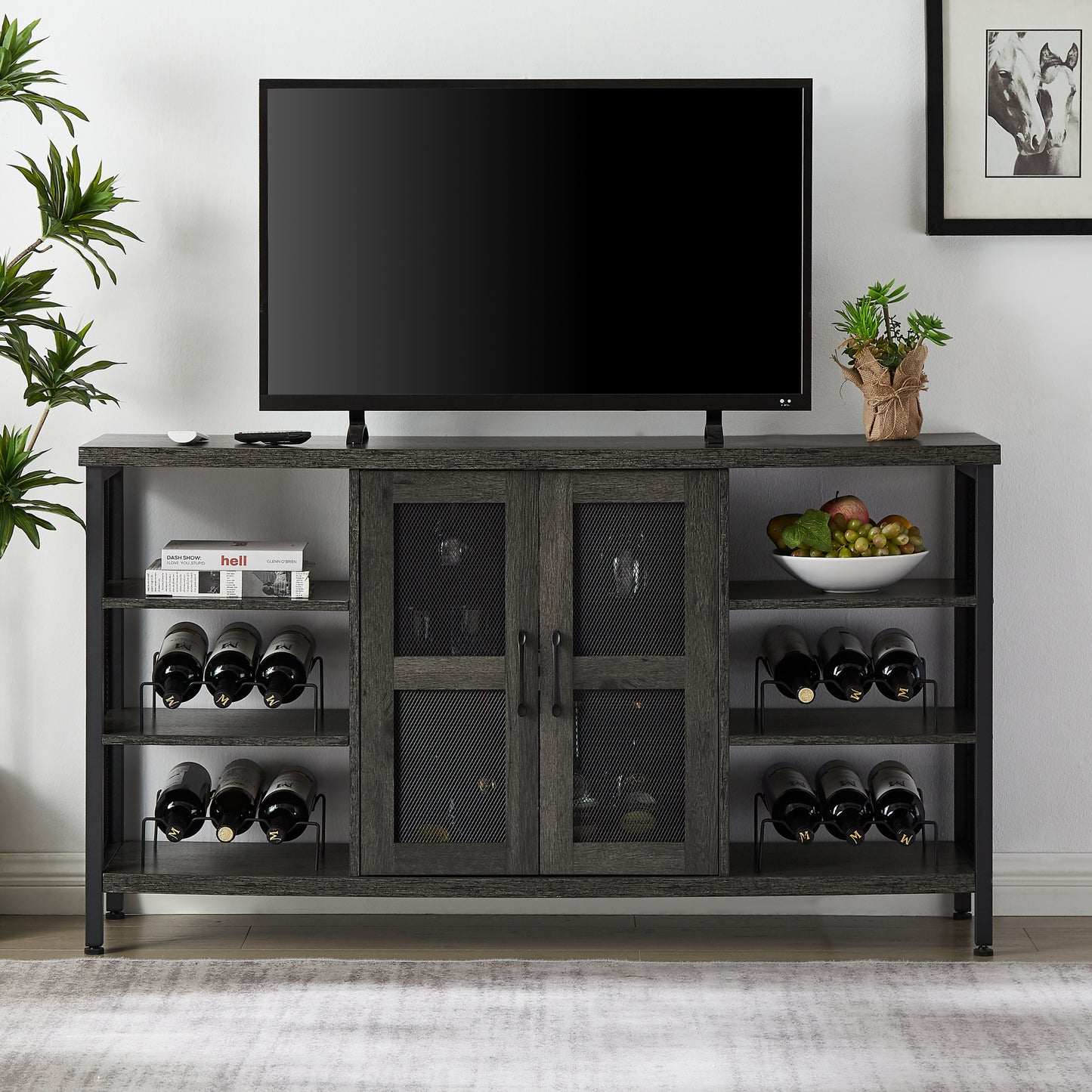 Industrial Wine Bar Cabinet, Liquor Storage Credenza, Sideboard with Wine Racks & Stemware Holder (Dark Grey, 55.12" W x 13.78"d x 30.31' ' h)