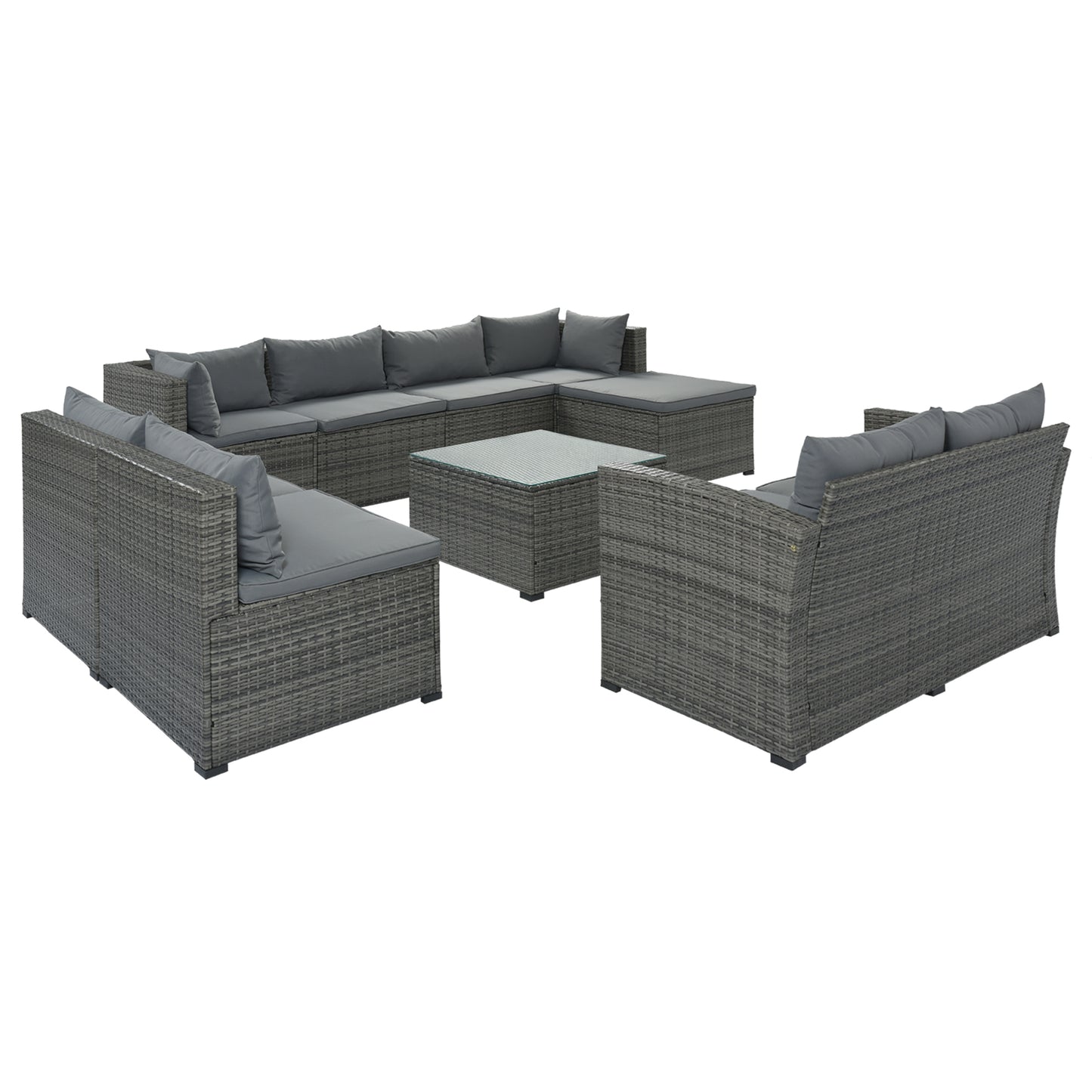 9-piece Outdoor Patio Large Wicker Sofa Set, Rattan Sofa set for Garden, Backyard, Porch and Poolside, Gray wicker, Gray Cushion