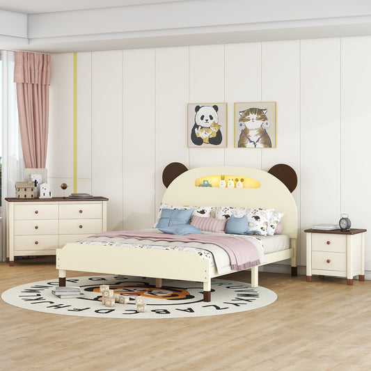 3-Pieces Bedroom Sets Full Size Bear-Shape Platform Bed with Nightstand and Storage dresser,Cream+Walnut