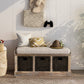 Rustic Storage Bench with 3 Removable Classic Rattan Basket, Entryway Bench with Removable Cushion (White Washed)