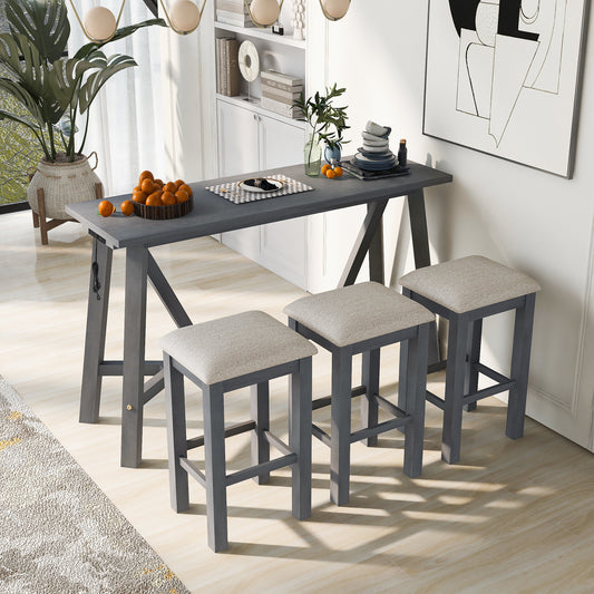 Multipurpose Home Kitchen Dining Bar Table Set with 3 Upholstered Stools (Gray)