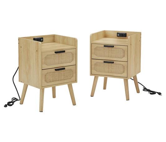 Rattan nightstand with socket side table natural handmade rattan (2PC, Natural, 15.55" FanÂWx13.78" FanÂDx23.82" FanÂH)