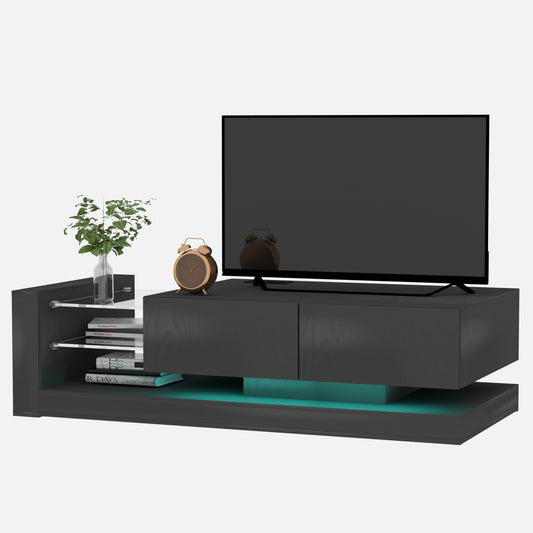TV Console with Storage Cabinets, 16 Color 4 Modes Changing Lights Remote RGB LED TV Stand, Modern High Gloss Entertainment Center (Black, for 75 inches TV)