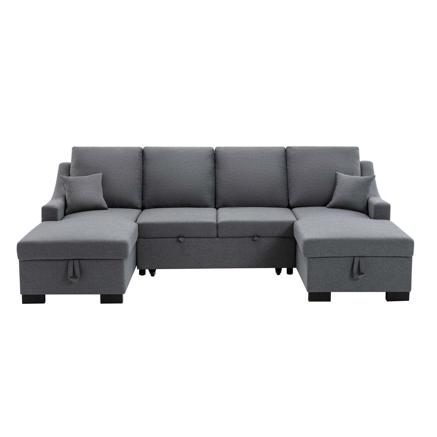 Upholstery Sleeper Sectional Sofa with Double Storage Spaces, 2 Tossing Cushions, Grey