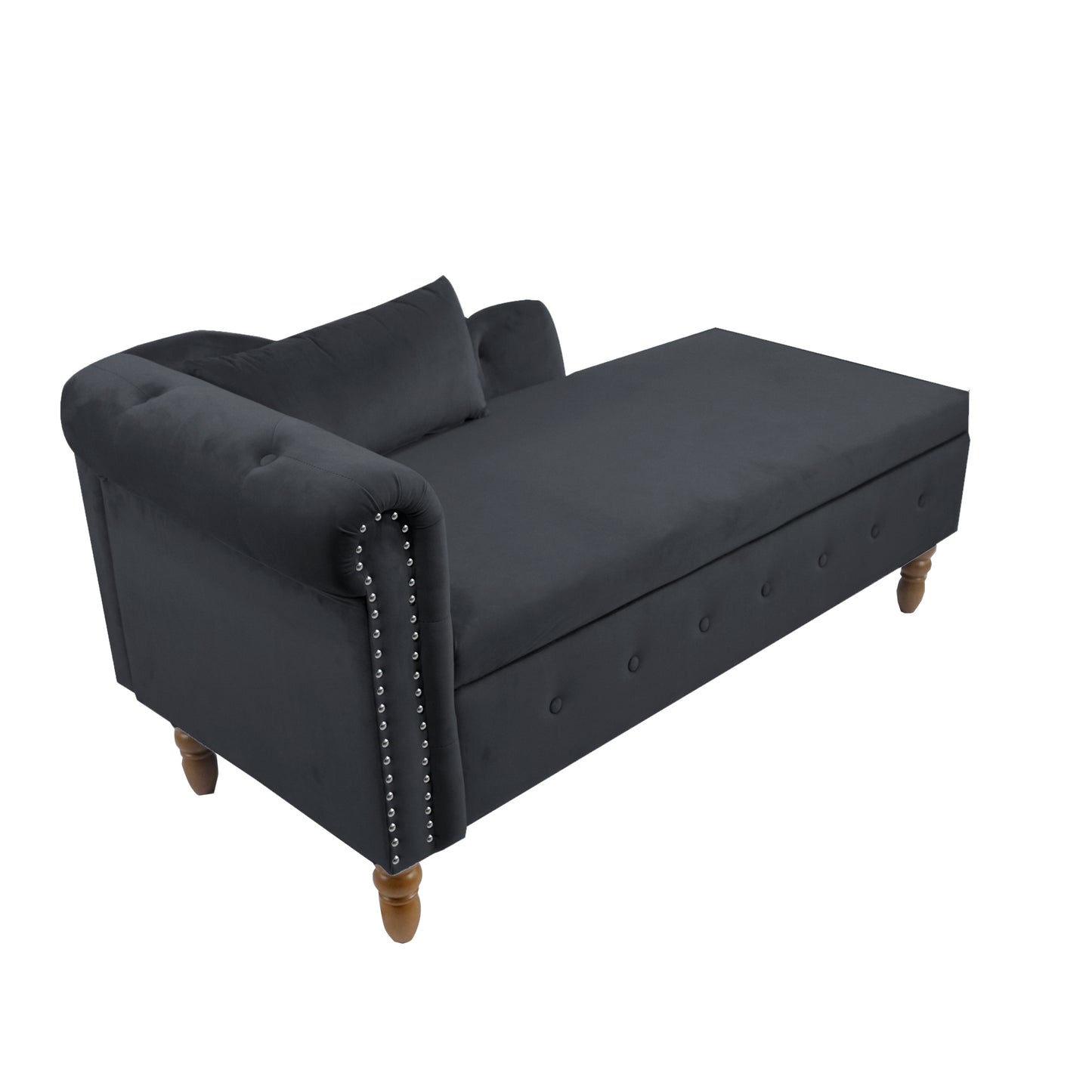 Black Chaise Lounge Indoor, Velvet Lounge Chair for Bedroom with Storage & Pillow, Modern Upholstered Rolled Arm Chase Lounge for Sleeping with Nailhead Trim for Living Room Bedroom Office
