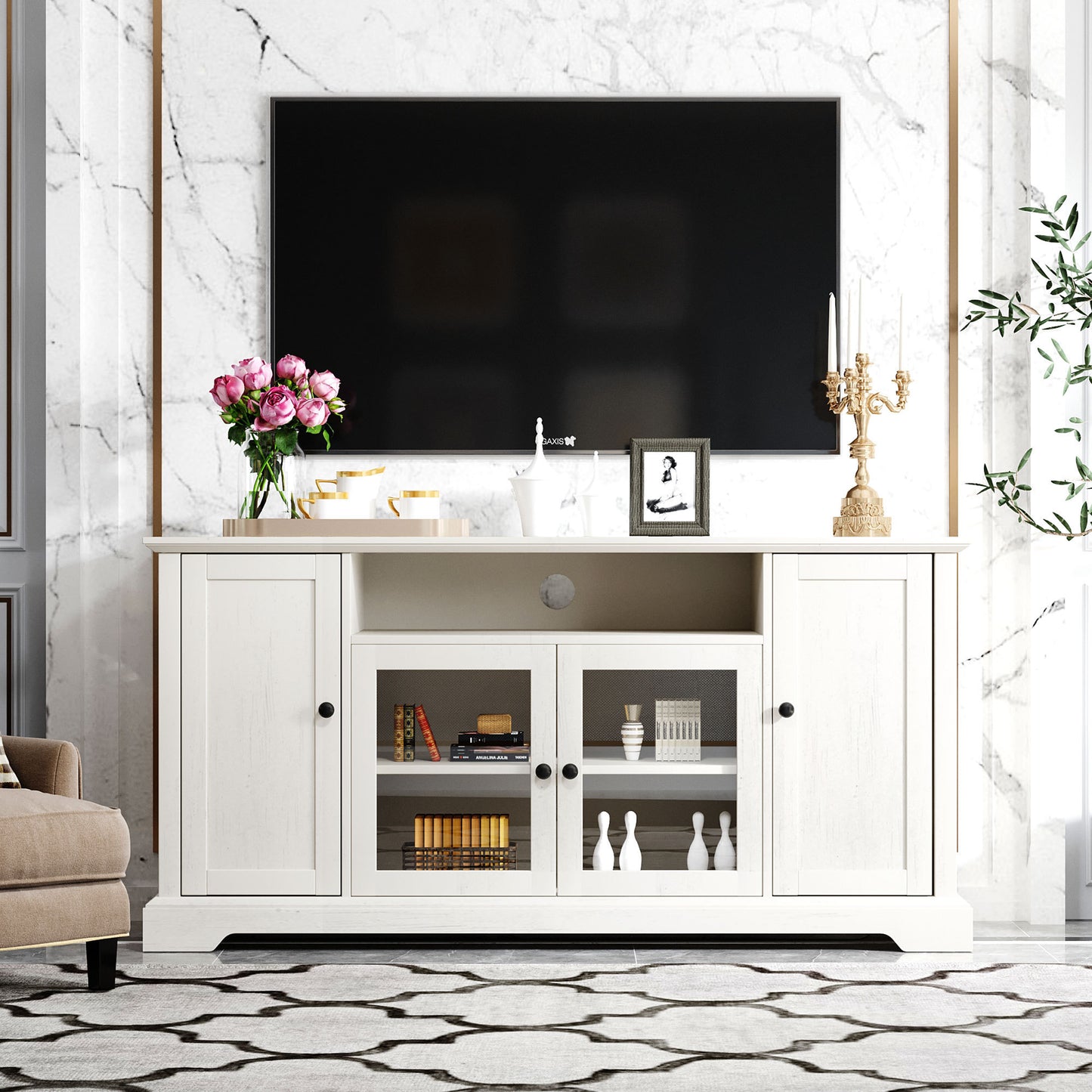 TV Stand for TV up to 65in with 2 Tempered Glass Doors Adjustable Panels Open Style Cabinet, Sideboard for Living room, White