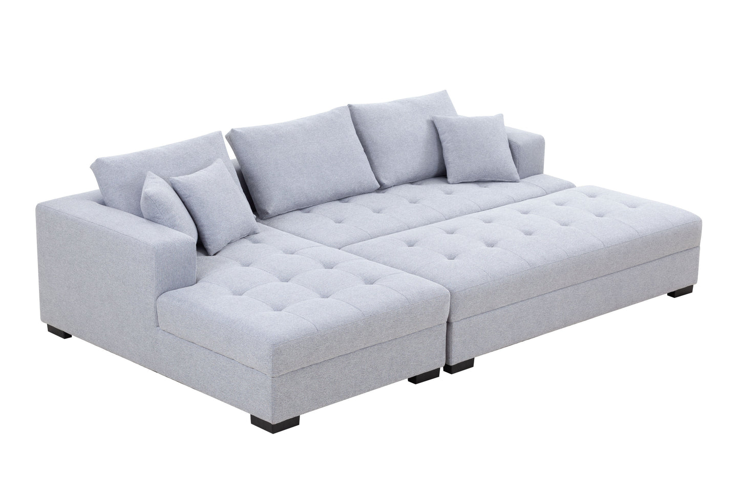 Tufted Fabric 3-Seat L-Shape Sectional Sofa Couch Set w/Chaise Lounge, Ottoman Coffee Table Bench, Light Grey