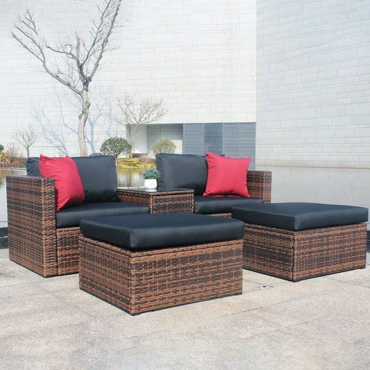 5 Pieces Outdoor Patio Garden Brown Wicker Sectional Conversation Sofa Set with Black Cushions and Red Pillows, w/ Furniture Protection Cover