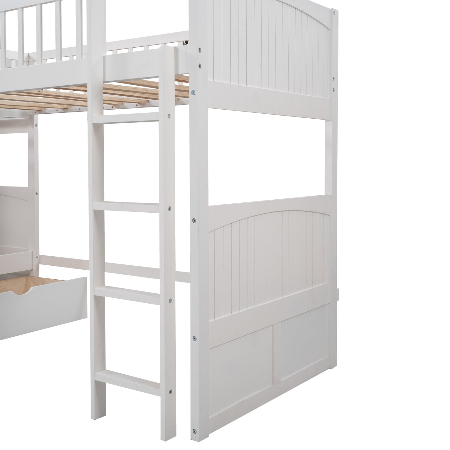 Twin Size Bunk Bed with a Loft Bed attached, with Two Drawers, White