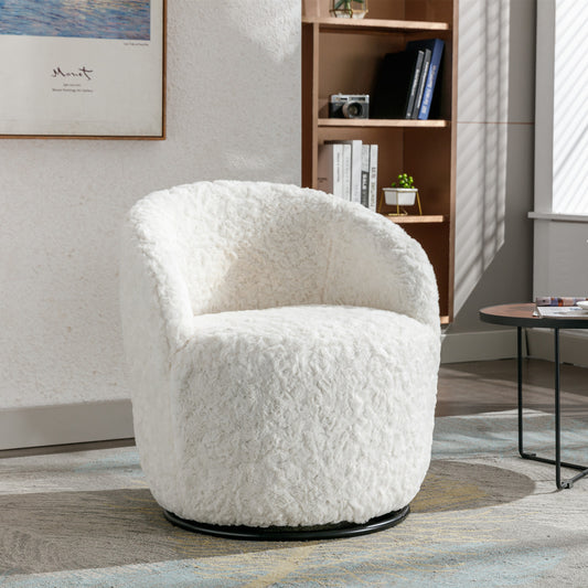 Artificial Rabbit Hair Fabric Swivel Accent Armchair Barrel Chair With Black Powder Coating Metal Ring, 360 degree swivel feature make this modern armchair, Ivory White