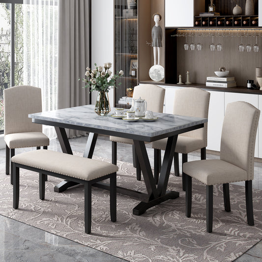 Modern Style 6-piece Dining Table with 4 Chairs & 1 Bench, Table with Marbled Veneers Tabletop and V-shaped Table Legs (White)