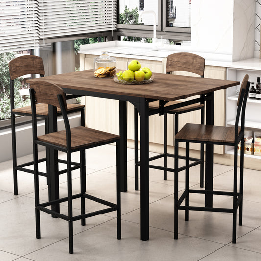 Farmhouse 5-piece Counter Height Drop Leaf Dining Table Set with Dining Chairs for 4, Black Frame+Brown Tabletop
