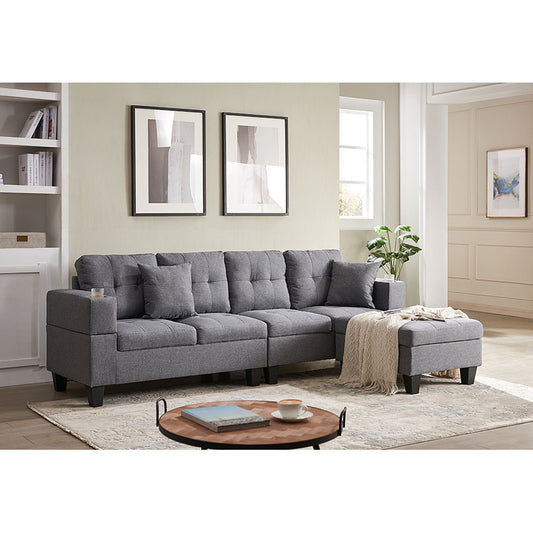 Winforce factory directly supply modern fabric couch L shape selctional sofa with ottoman, linen corner sofa for living room Left and right interchangeable, gray new version
