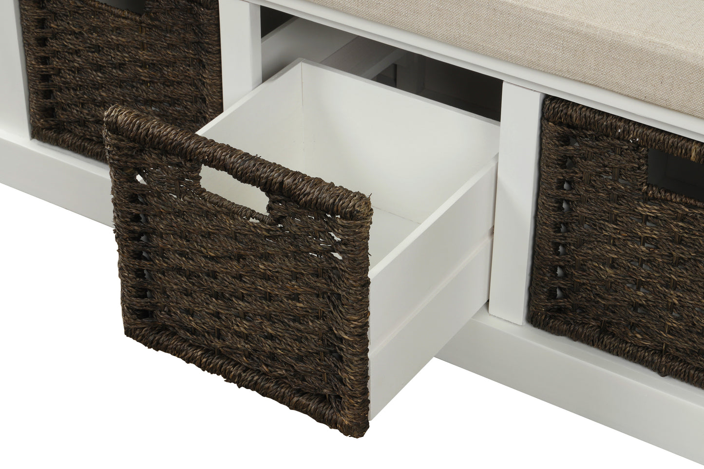 Rustic Storage Bench with 3 Removable Classic Rattan Basket, Entryway Bench Storage Bench with Removable Cushion (White)