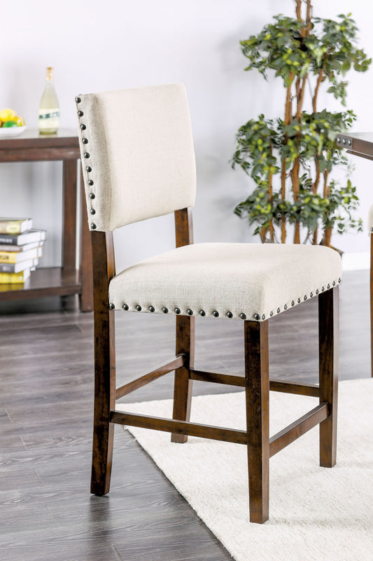 Classic Set of 2pc Counter Height Dining Chairs Ivory Fabric Padded Linen Chairs Upholstered Cushion High Chairs Nailhead Trim Kitchen Dining Room Solid wood Brown Cherry