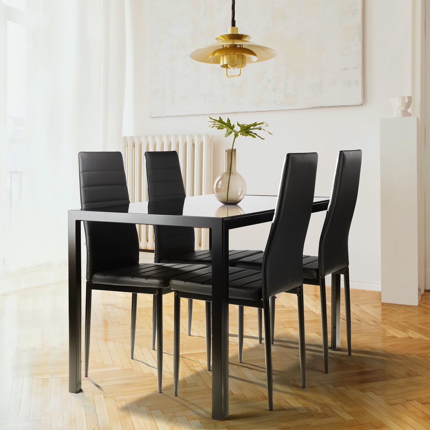 5 Pieces Dining Table Set for 4, Kitchen Room Tempered Glass Dining Table, 4 Faux Leather Chairs, Black