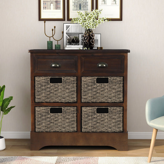 Rustic Storage Cabinet with Two Drawers and Four Classic Rattan Basket for Dining Room/Living Room (Espresso)