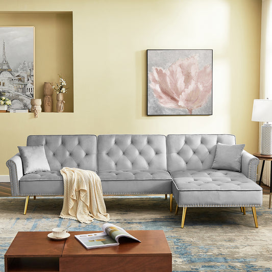 Modern Velvet Upholstered Reversible Sectional Sofa Bed, L-Shaped Couch with Movable Ottoman and Nailhead Trim For Living Room. (Light Grey)