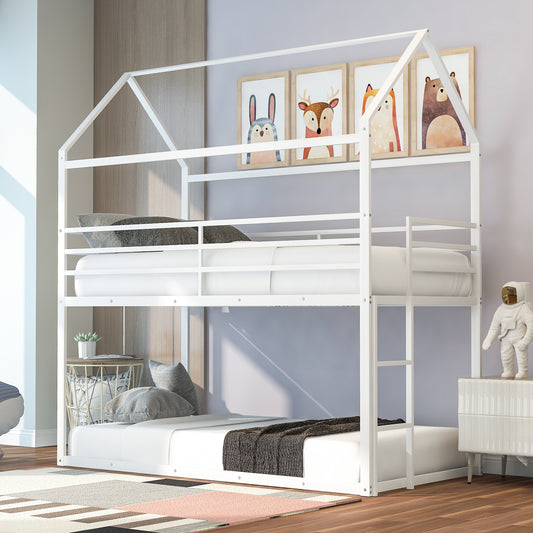 Bunk Beds for Kids Twin over Twin, House Bunk Bed Metal Bed Frame Built-in Ladder, No Box Spring Needed White