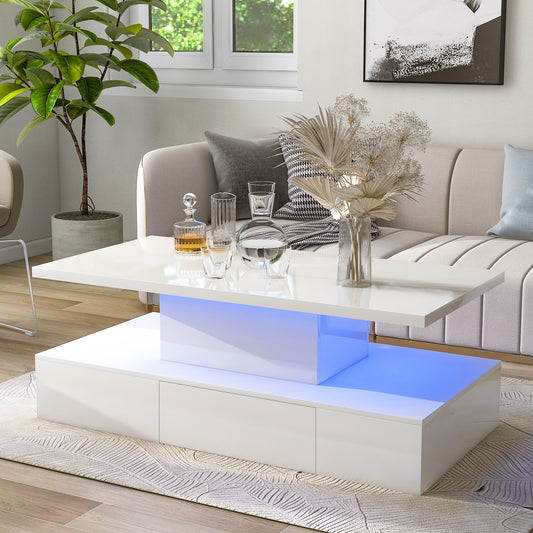 Modern Glossy Coffee Table With Drawer, 2-Tier Rectangle Center Table with Plug-in 16 colors LED lighting for Living room, 39.3" x19.6" x15.3"