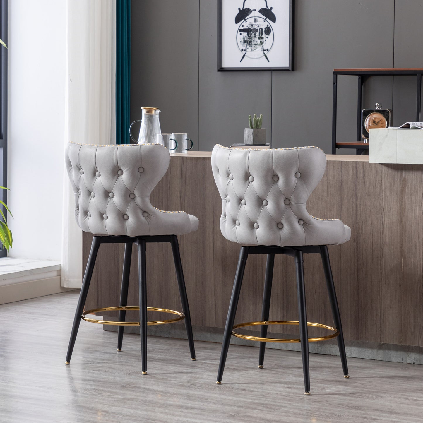Counter Height 25" Modern Leathaire Fabric bar chairs, 180 degree Swivel Bar Stool Chair for Kitchen, Tufted Gold Nailhead Trim Bar Stools with Metal Legs, Set of 2 (Light Gray)