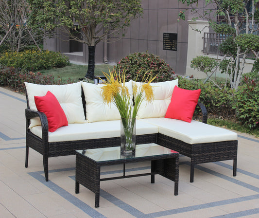 Outdoor patio Furniture sets 3 piece Conversation set wicker Ratten Sectional Sofa With Seat Cushions (Beige Cushion)