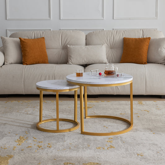 Modern Nesting coffee table, golden metal frame with marble color top-23.6"